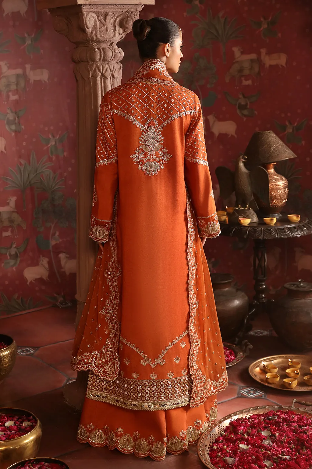 Luxury Orange Embroidered Pakistani Wedding Dress Kameez Sharara