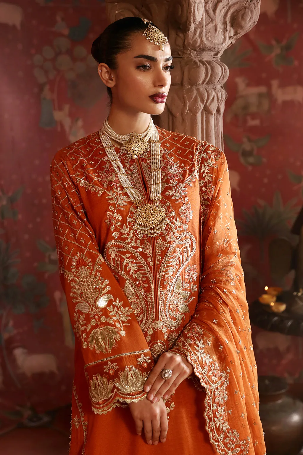Luxury Orange Embroidered Pakistani Wedding Dress Kameez Sharara