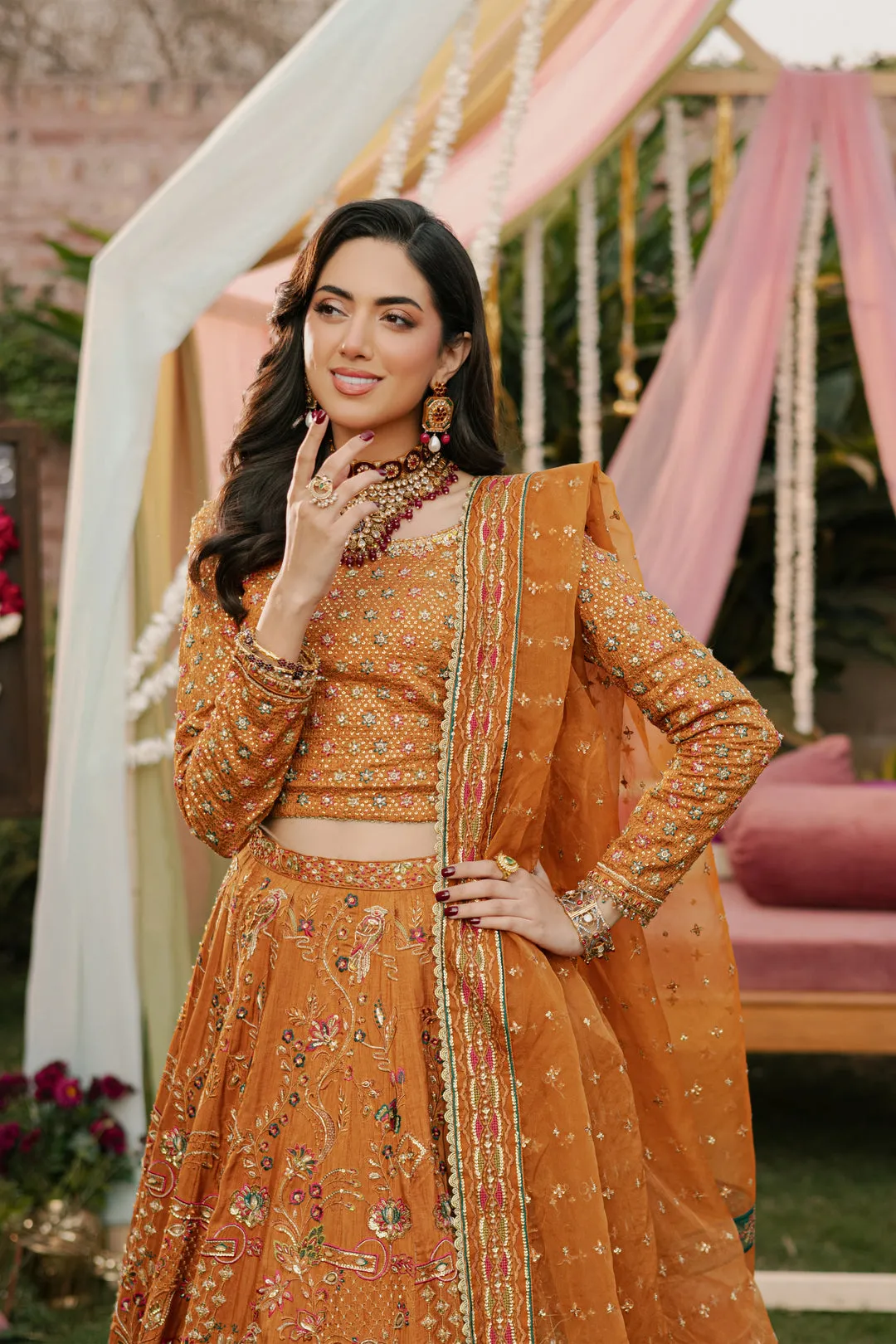 Luxury Tangerine Embroidered Pakistani Wedding Dress Lehenga Choli