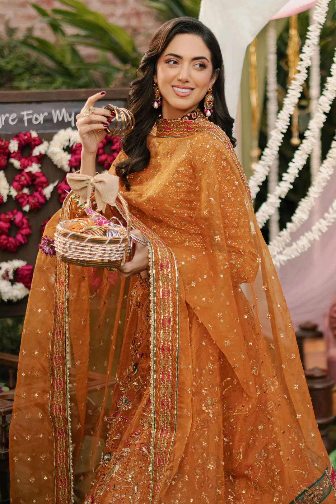 Luxury Tangerine Embroidered Pakistani Wedding Dress Lehenga Choli