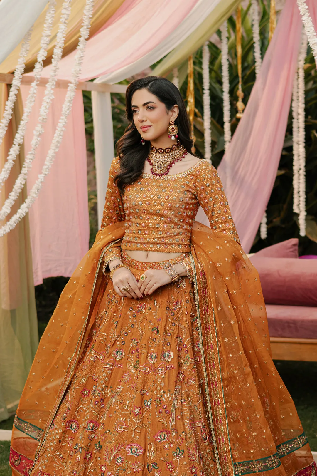 Luxury Tangerine Embroidered Pakistani Wedding Dress Lehenga Choli