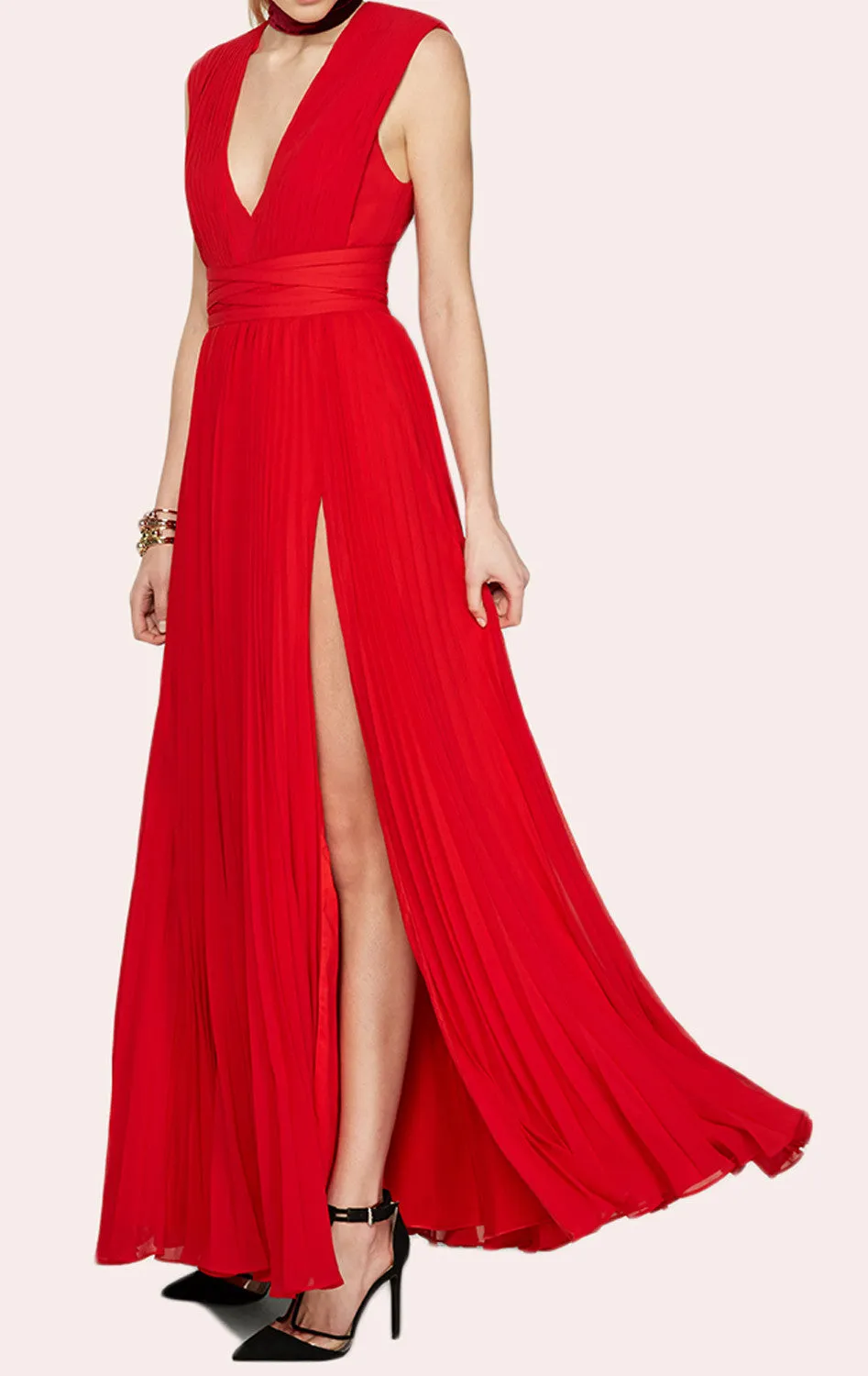 MACloth Deep V Neck Chiffon Red Prom Dress Floor Length Evening Gown