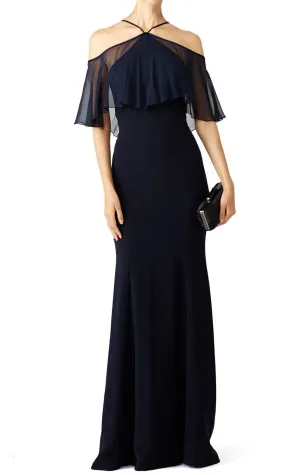 MACloth Off the Shoulder Ruffled chiffon Jersey Evening Gown Dark Navy Simple Prom Dress