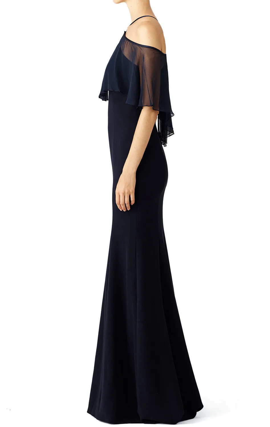 MACloth Off the Shoulder Ruffled chiffon Jersey Evening Gown Dark Navy Simple Prom Dress