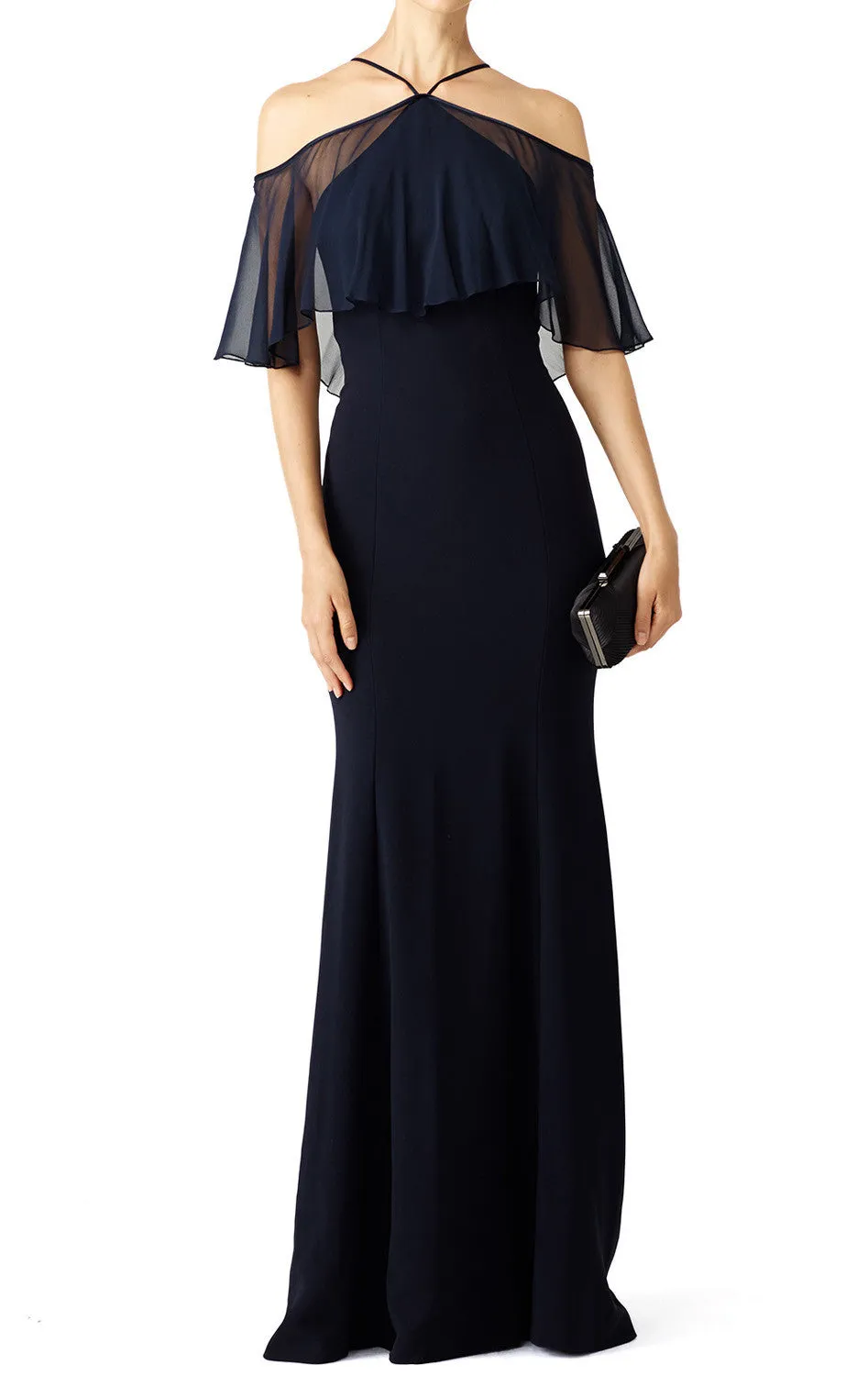 MACloth Off the Shoulder Ruffled chiffon Jersey Evening Gown Dark Navy Simple Prom Dress