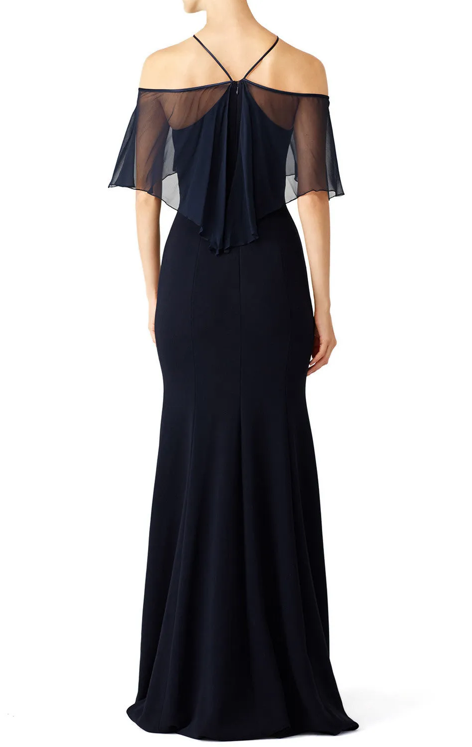 MACloth Off the Shoulder Ruffled chiffon Jersey Evening Gown Dark Navy Simple Prom Dress