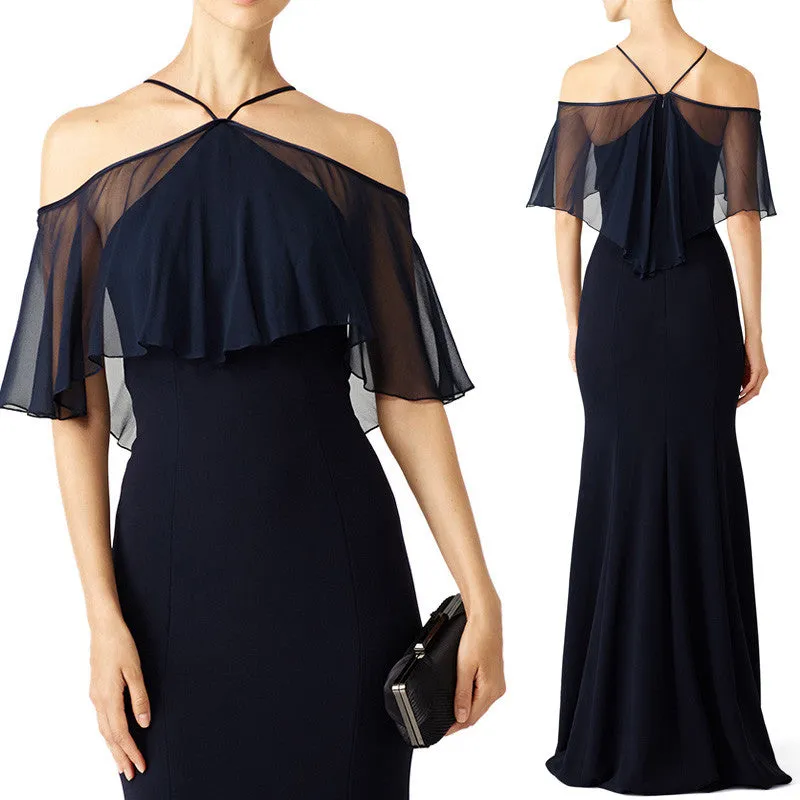MACloth Off the Shoulder Ruffled chiffon Jersey Evening Gown Dark Navy Simple Prom Dress