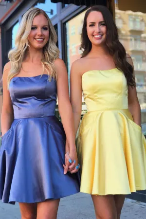 MACloth Strapless Mini Short Prom Homecoming Dress Yellow Wedding Party Dress with Pocket