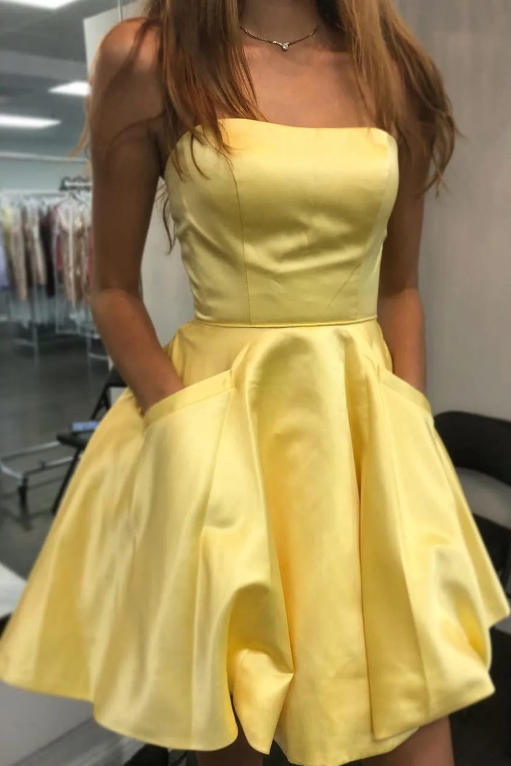 MACloth Strapless Mini Short Prom Homecoming Dress Yellow Wedding Party Dress with Pocket