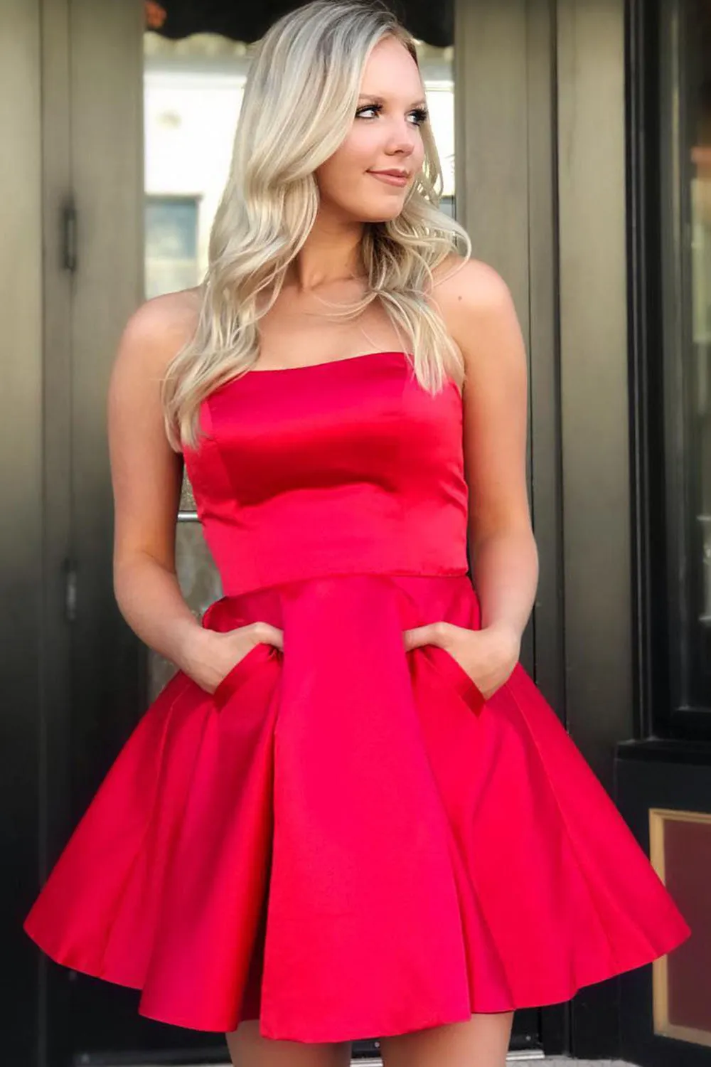 MACloth Strapless Mini Short Prom Homecoming Dress Yellow Wedding Party Dress with Pocket