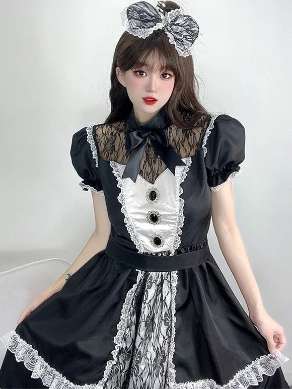 Maid Lolita Dresses Ruffles Lace Black Short Sleeves Lolita Dress