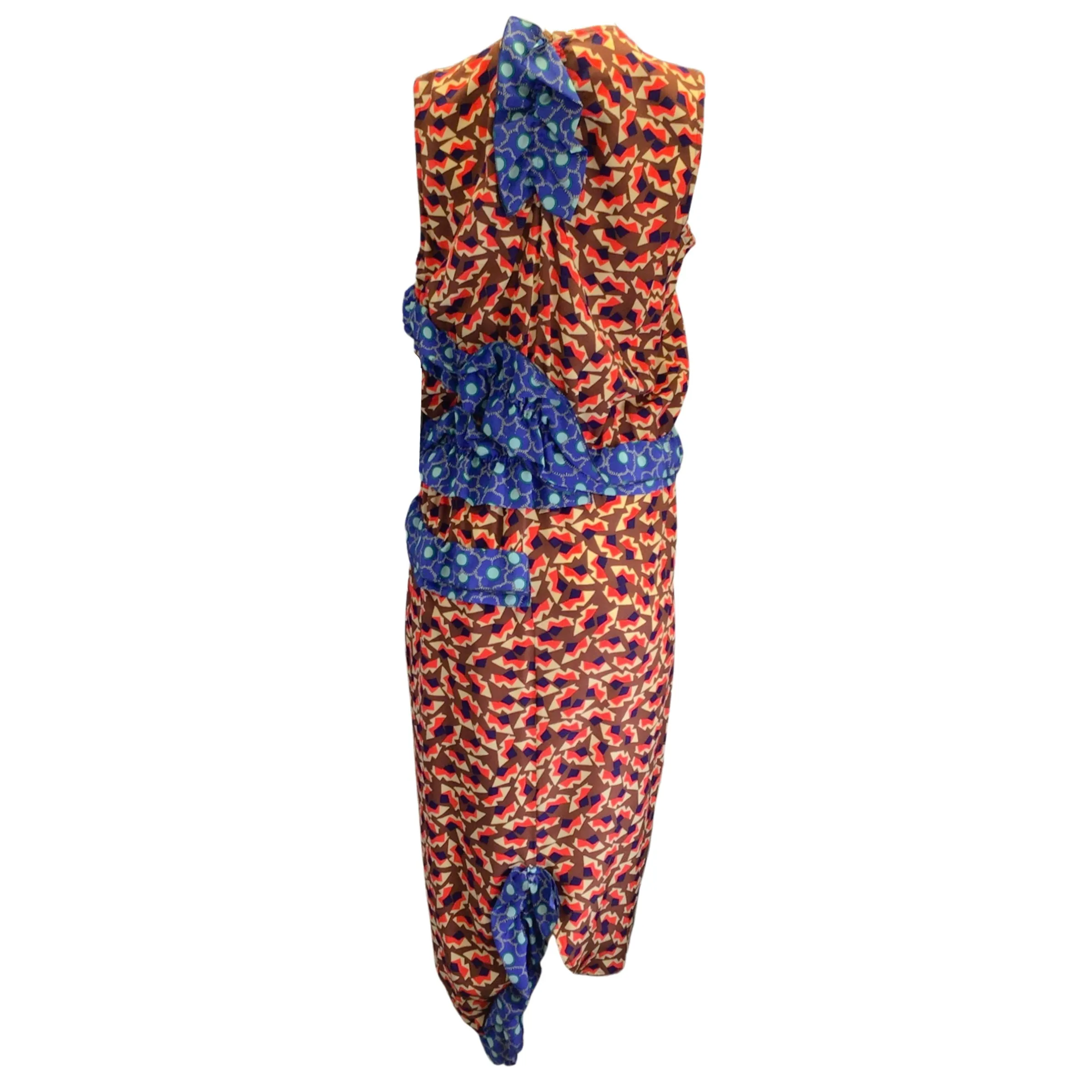 Marni Red / Blue Multi Metropolis Print Sleeveless Silk Crepe Midi Dress