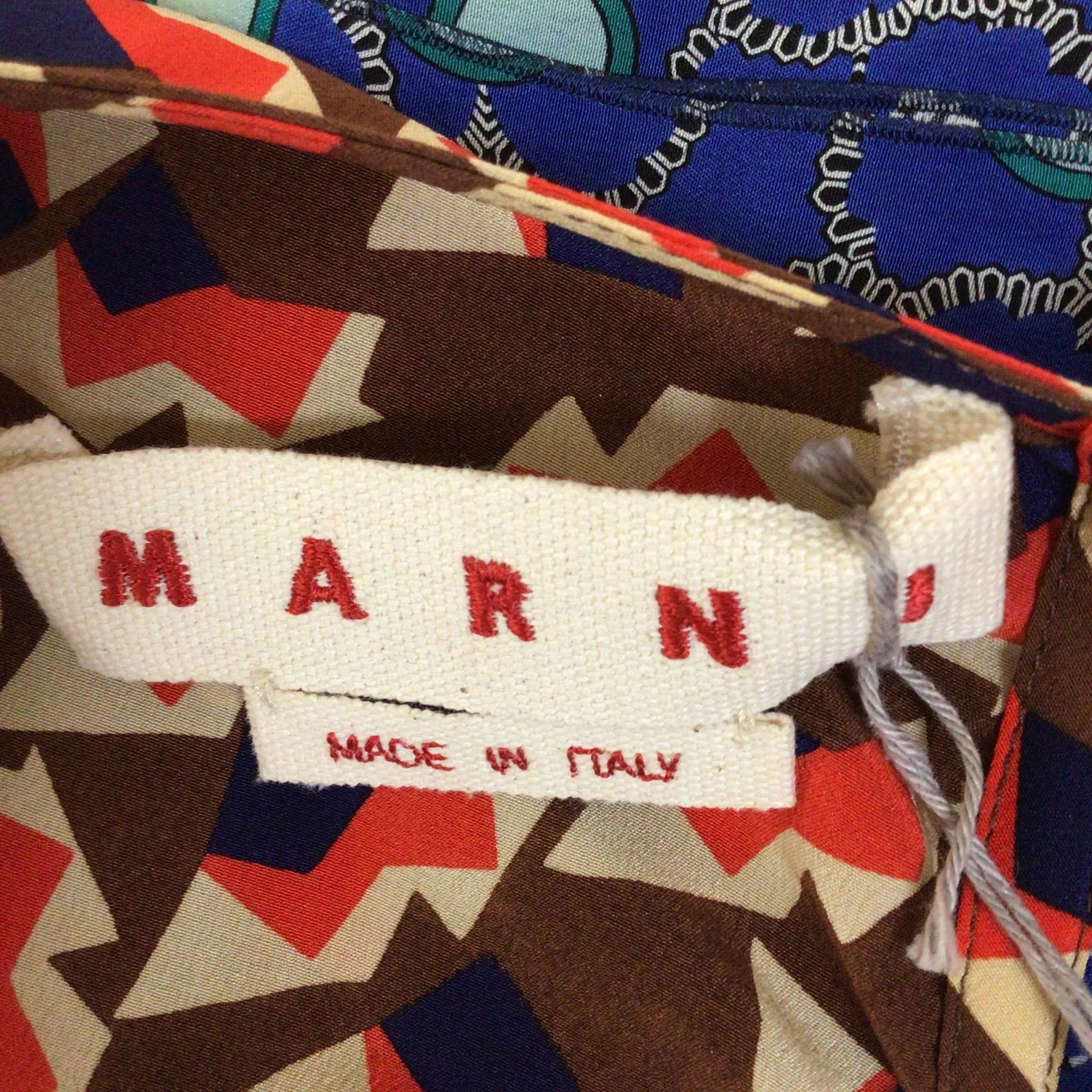 Marni Red / Blue Multi Metropolis Print Sleeveless Silk Crepe Midi Dress