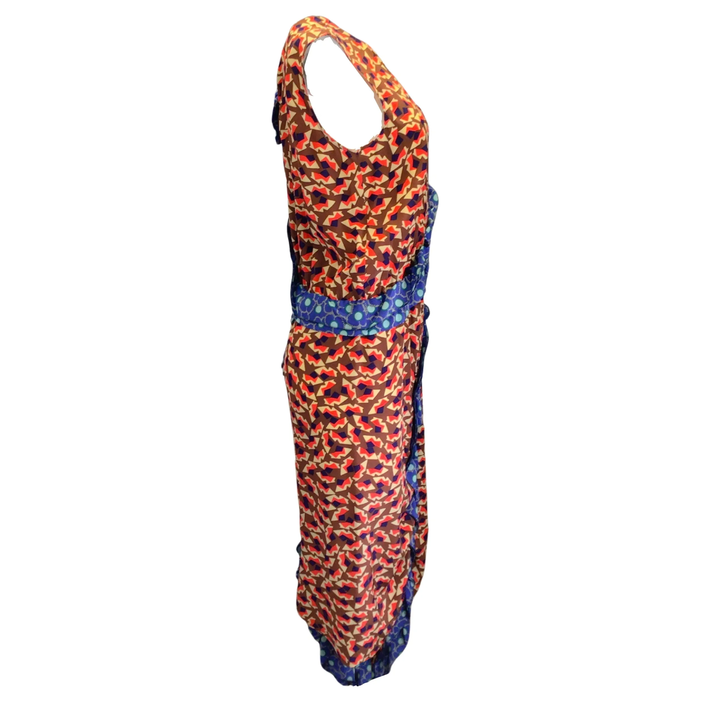 Marni Red / Blue Multi Metropolis Print Sleeveless Silk Crepe Midi Dress