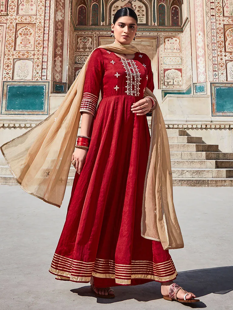 Maroon Silk Dobby Embroidered Anarkali Long Kurta With Organza Embroidred Dupatta