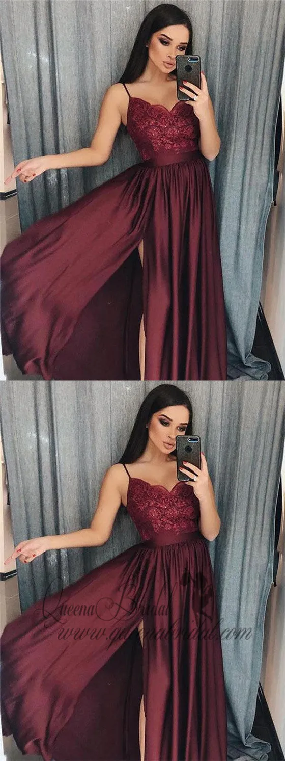 Maroon Spaghetti Straps Side Slit Long Evening Prom Dresses, QB0415