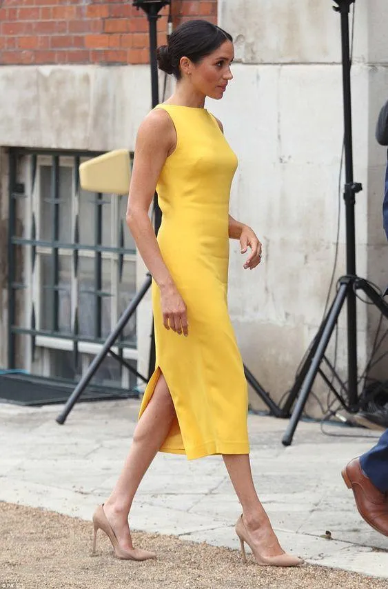 Meghan Markle's Yellow Dress Tea-Length Satin Prom Gown