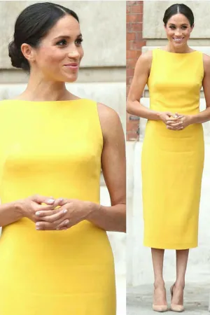 Meghan Markle's Yellow Dress Tea-Length Satin Prom Gown