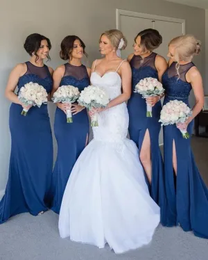 mermaid bridesmaid dresses long sleeveless lace applique navy blue cheap custom wedding guest dresses vestidos de dama
