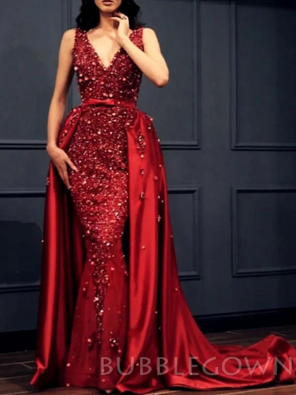 Mermaid Burgundy Satin Beaded V Neck Long Backless Evening Prom Dresses, Cheap Custom prom dresses, MR7736