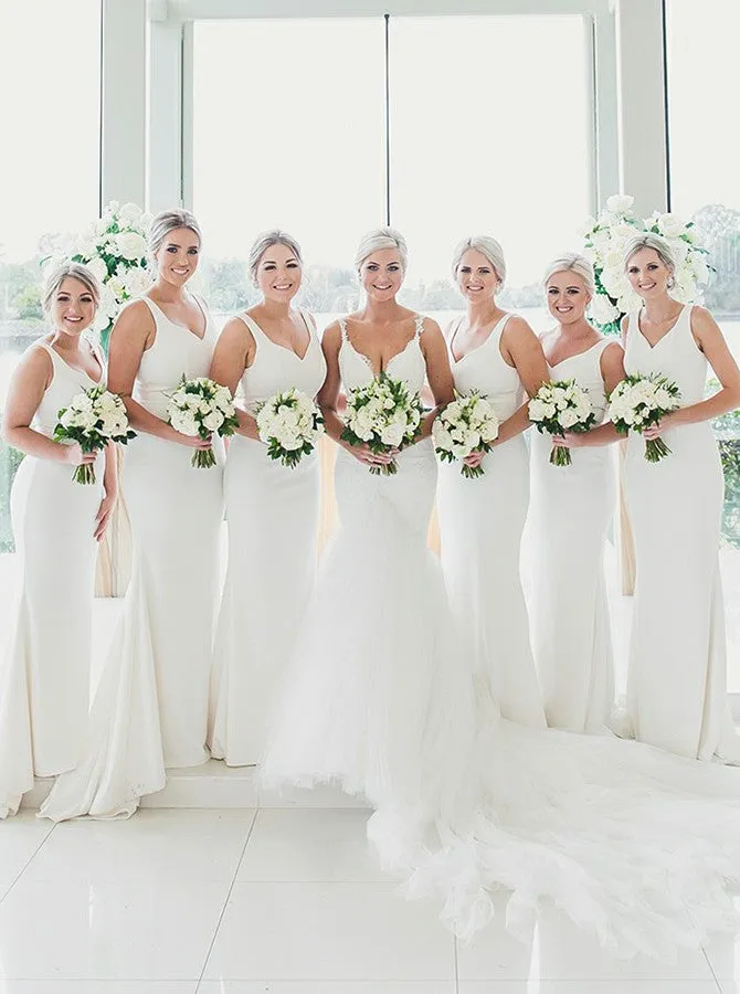 Mermaid Deep V-Neck Long Cheap White Satin Sleeveless Bridesmaid Dresses Online, TYP1012