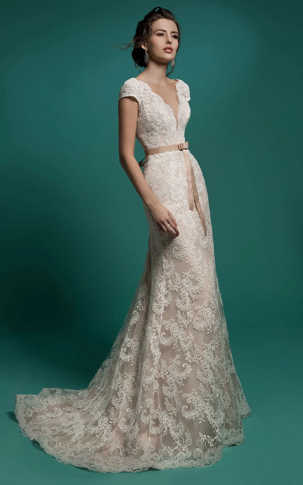Mermaid Floor-Length V-Neck Cap-Sleeve Zipper Lace Dress With Sash And Detachable Train-714203