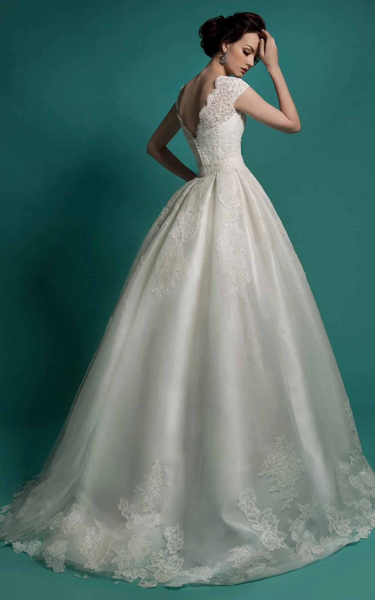 Mermaid Floor-Length V-Neck Cap-Sleeve Zipper Lace Dress With Sash And Detachable Train-714203