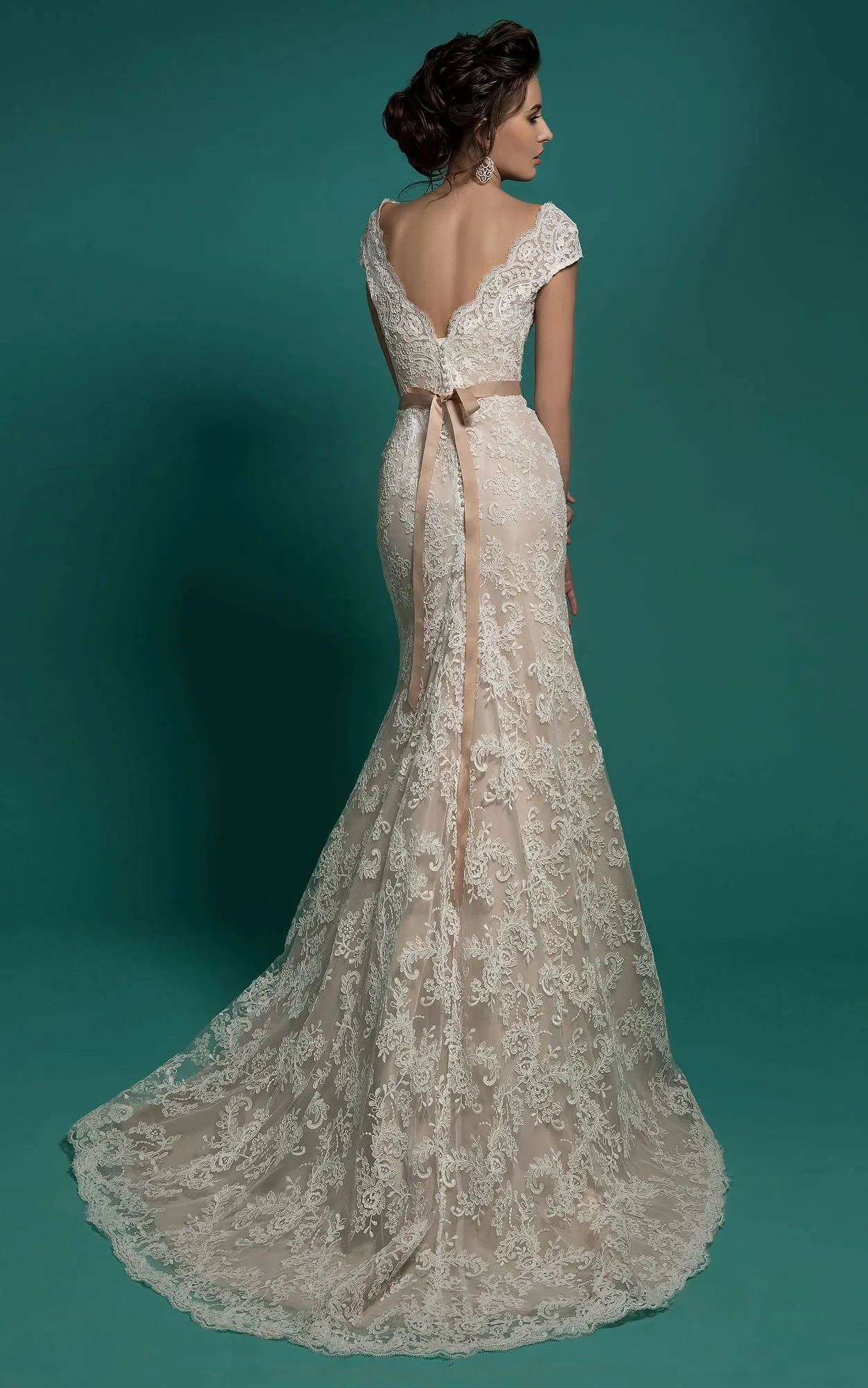 Mermaid Floor-Length V-Neck Cap-Sleeve Zipper Lace Dress With Sash And Detachable Train-714203