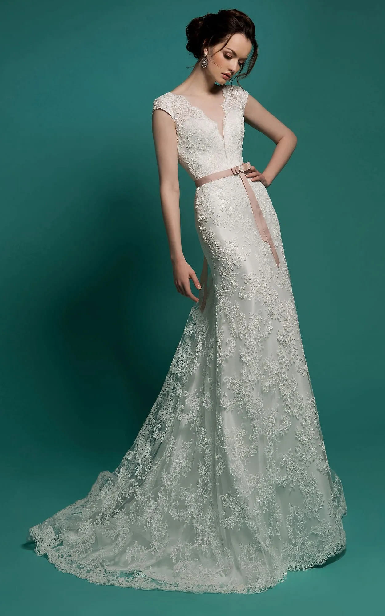 Mermaid Floor-Length V-Neck Cap-Sleeve Zipper Lace Dress With Sash And Detachable Train-714203