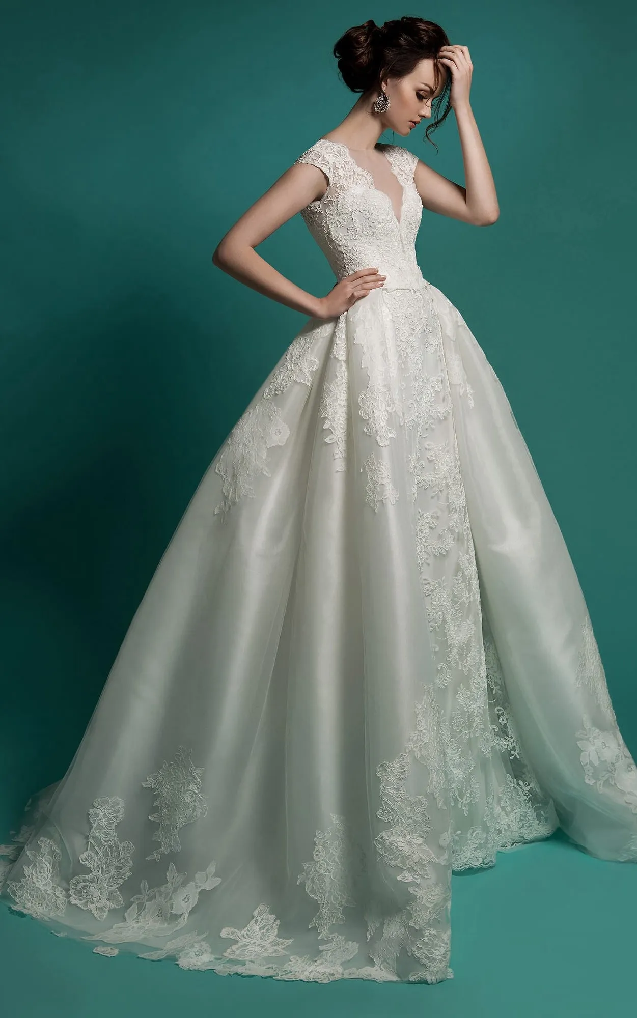Mermaid Floor-Length V-Neck Cap-Sleeve Zipper Lace Dress With Sash And Detachable Train-714203