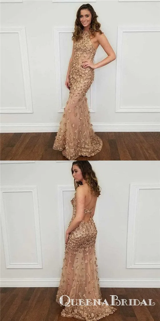 Mermaid Halter Backless Champagne Prom Dresses with Appliques, QB0688