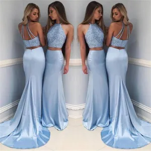 Mermaid Halter Chiffon Sequins Two piece Prom Dresses