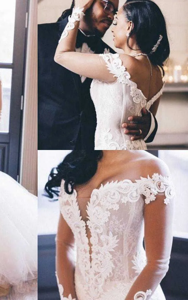 Mermaid Off-the-shoulder Plunging Neckline Lace Tulle Beach Wedding Dress Sexy Bohemian Ethereal With Low-V Back And Short Sleeves-716797