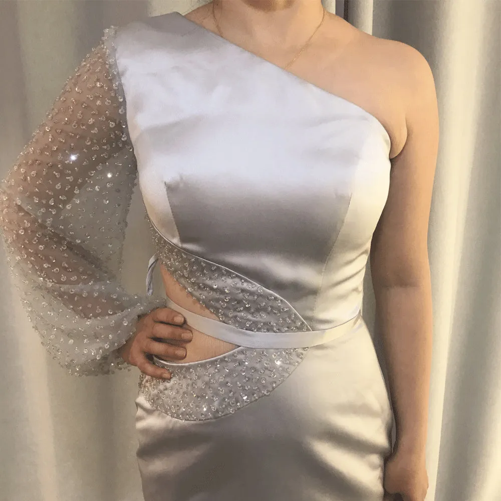 mermaid silver evening dresses 2020 one shoulder satin beaded luxury evening gown vestido Longo