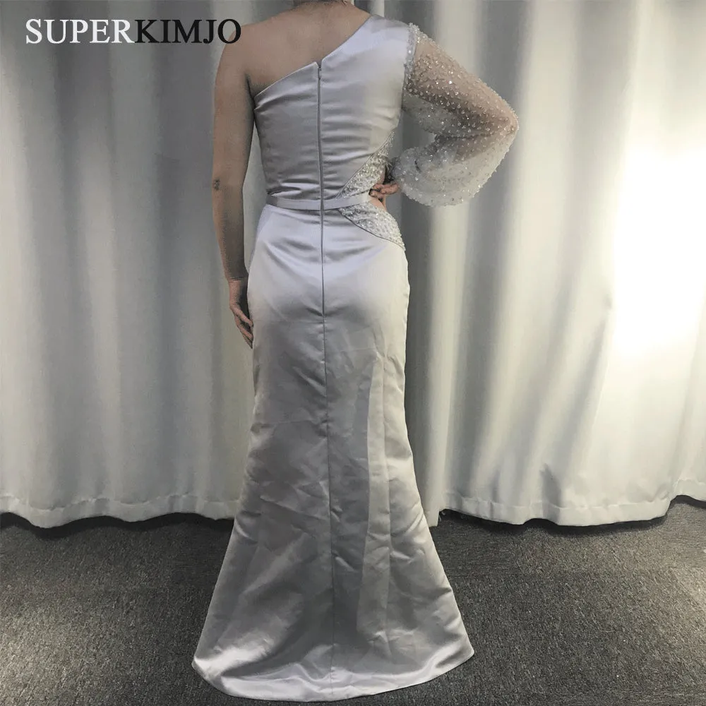 mermaid silver evening dresses 2020 one shoulder satin beaded luxury evening gown vestido Longo