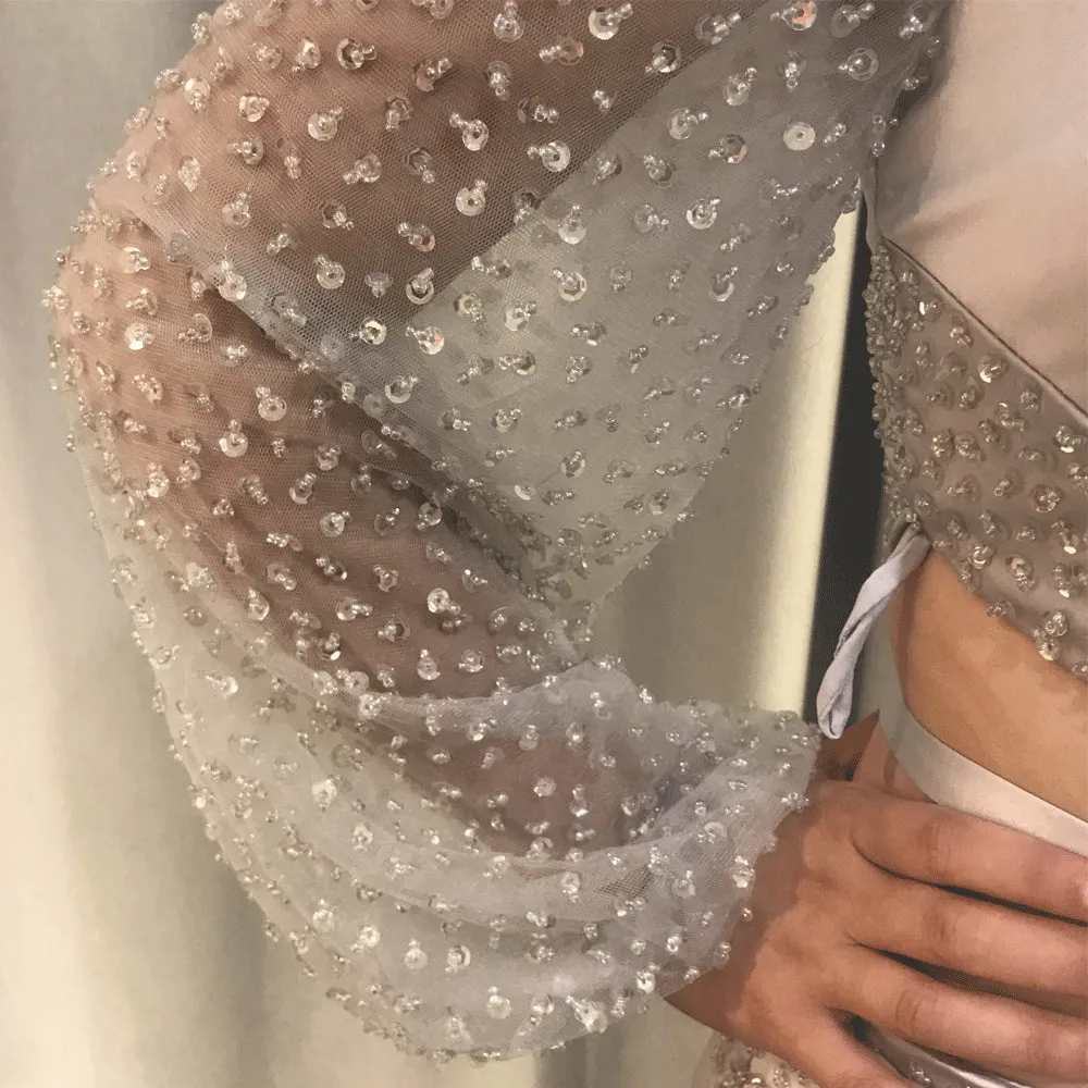 mermaid silver evening dresses 2020 one shoulder satin beaded luxury evening gown vestido Longo