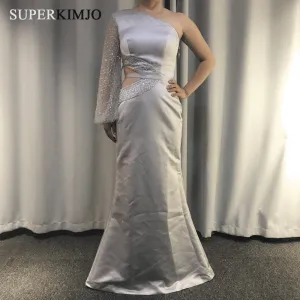 mermaid silver evening dresses 2020 one shoulder satin beaded luxury evening gown vestido Longo