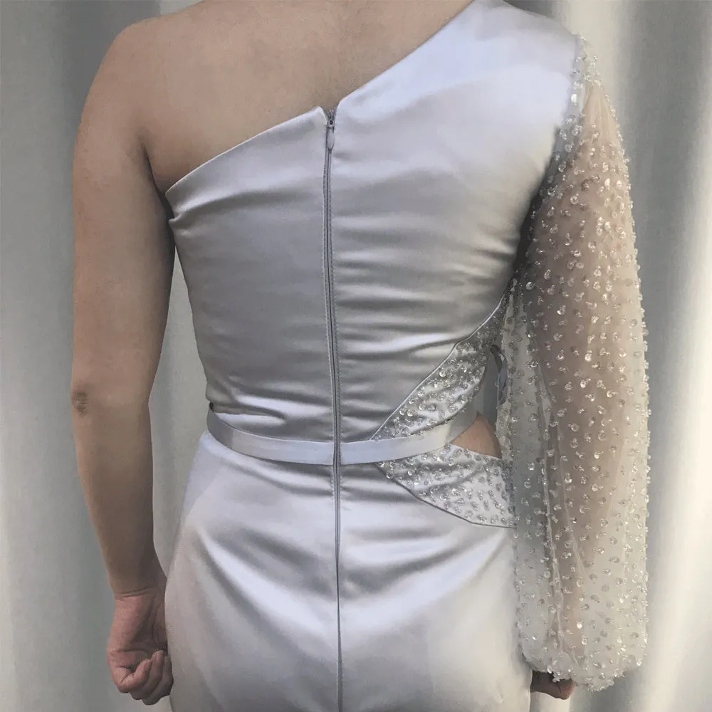 mermaid silver evening dresses 2020 one shoulder satin beaded luxury evening gown vestido Longo