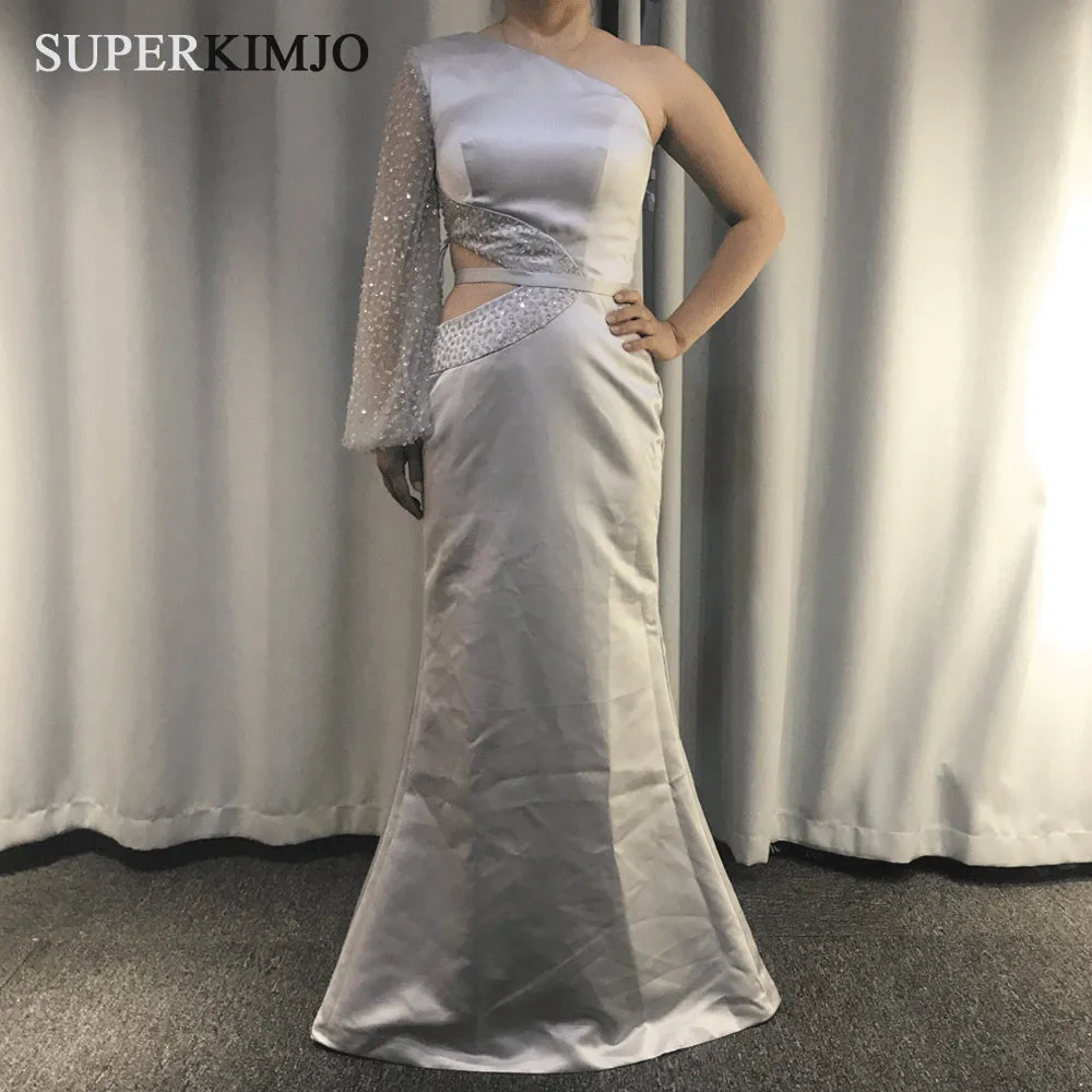 mermaid silver evening dresses 2020 one shoulder satin beaded luxury evening gown vestido Longo