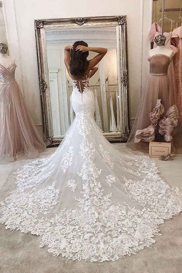 Mermaid Spaghetti Straps Deep V Neck Wedding Dress With Chapel Train, SW383