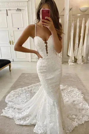 Mermaid Spaghetti Straps Deep V Neck Wedding Dress With Chapel Train, SW383