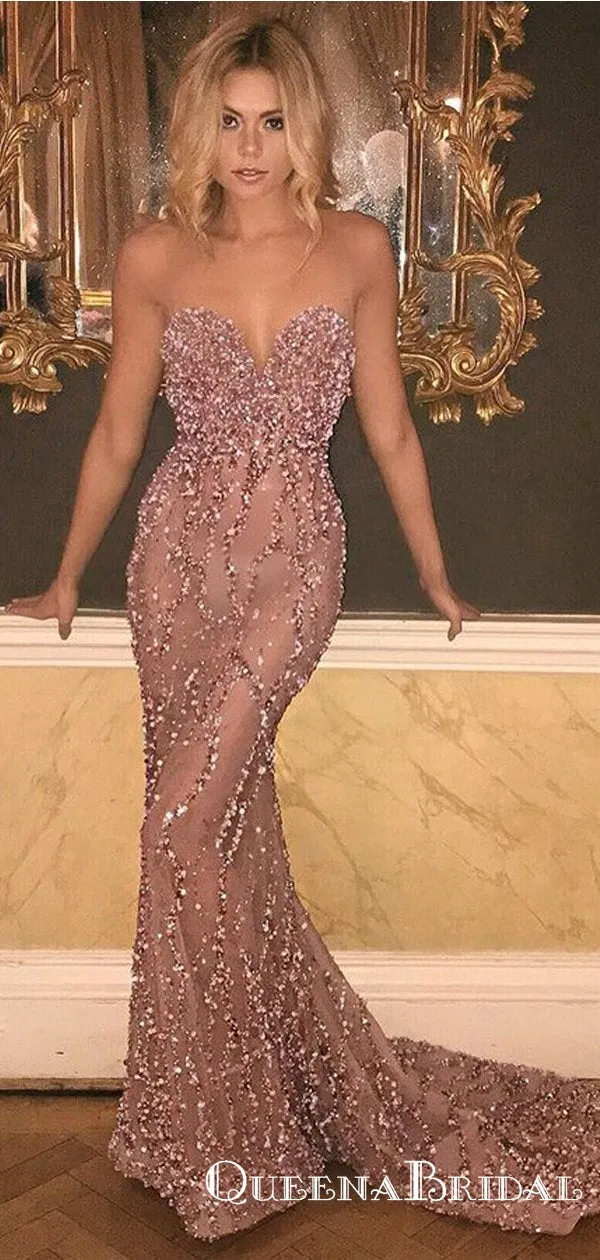 Mermaid Sweetheart Long See-Through Pink Tulle Prom Dresses with Beading, QB0536