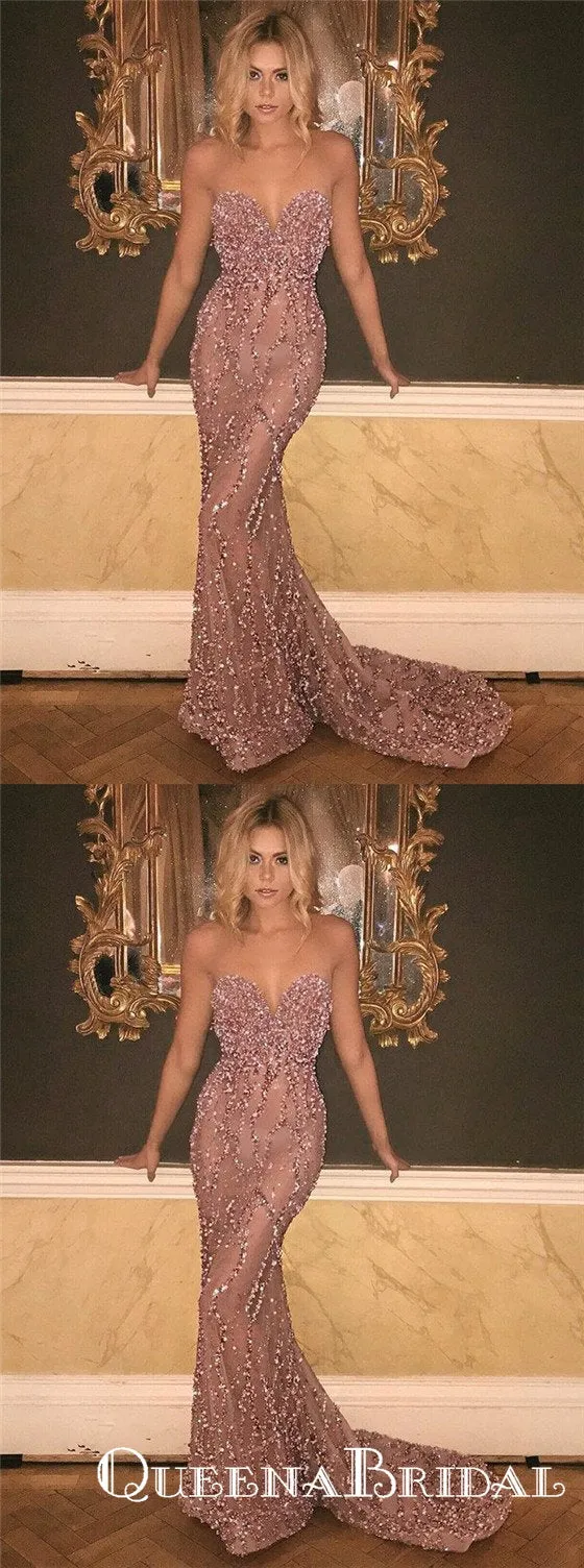 Mermaid Sweetheart Long See-Through Pink Tulle Prom Dresses with Beading, QB0536