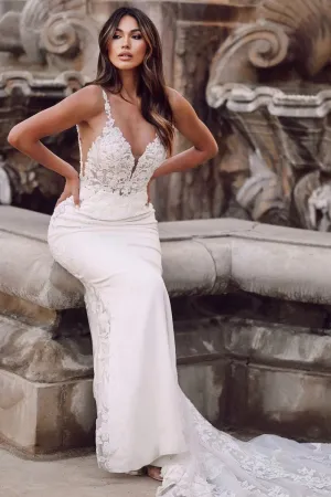 Mermaid V Neck Satin Wedding Dresses with Lace Appliques