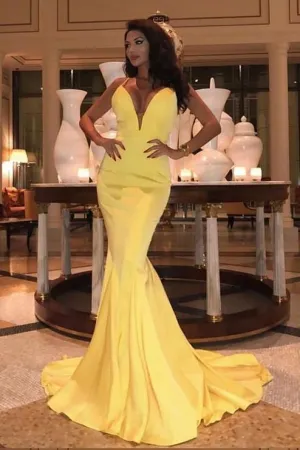 Mermaid Yellow Prom Dress with Plunging Neckline