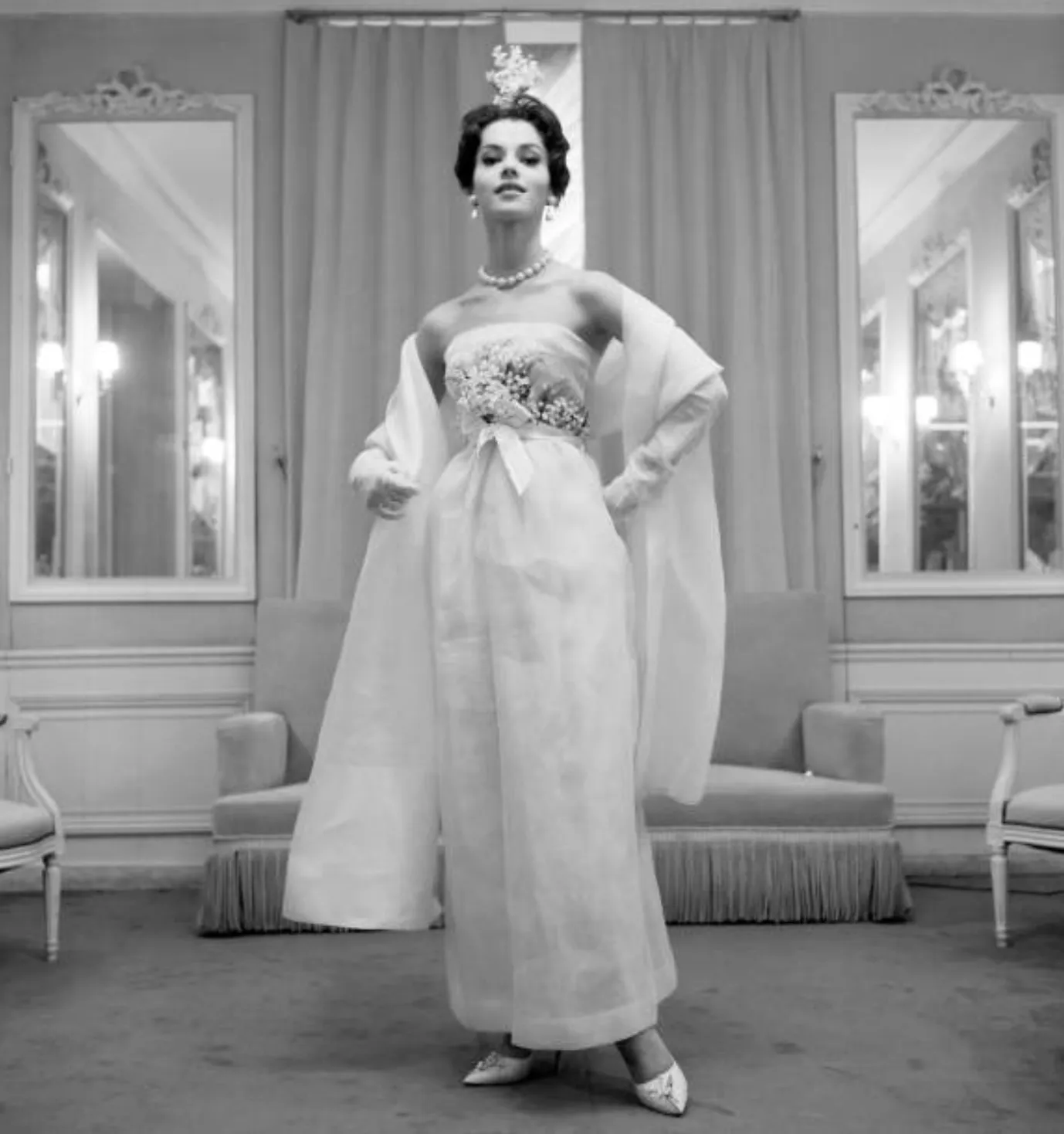 Mid 1950s to Early 1960s Christian Dior Demi-Couture Ivory Silk Strapless Dress & Stole