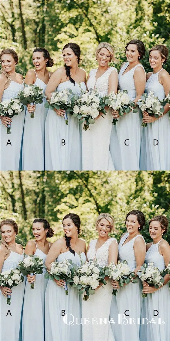 Mismatched A-Line Spaghetti Straps Light Blue Chiffon Bridesmaid Dresses, QB0627