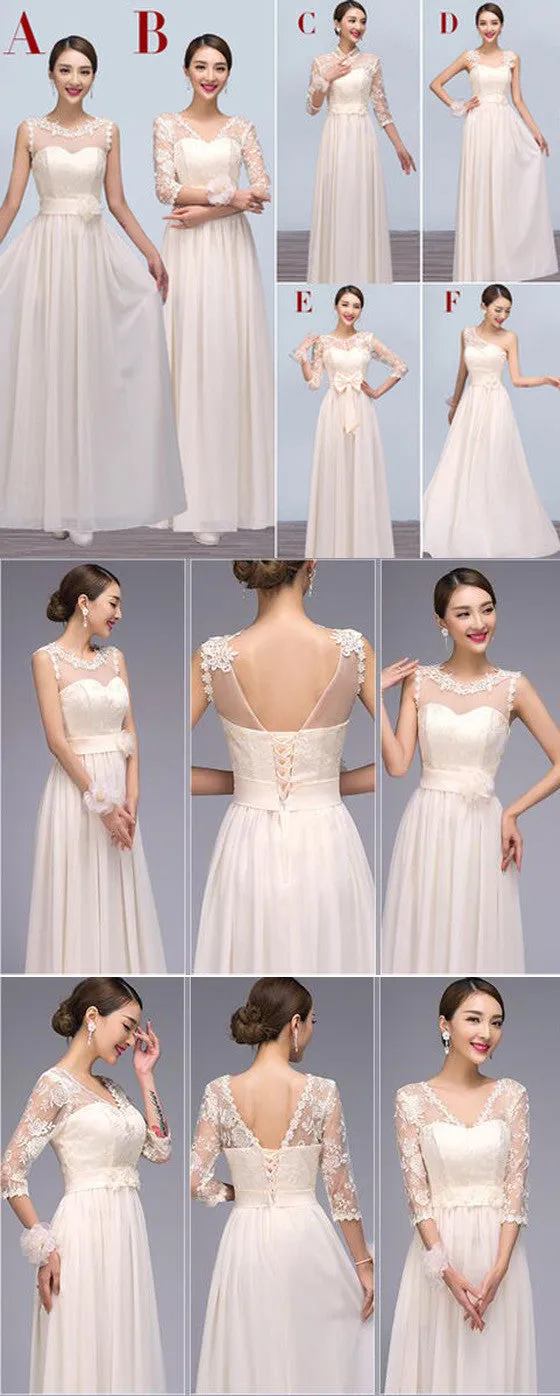 Mismatched Chiffon Lace Long Different Styles Cheap Floor-Length Bridesmaid Dresses, WG121