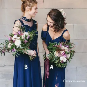 Mismatched Cold Shoulder Navy Blue Chiffon Bridesmaid Dresses with Ruffles, TYP1840