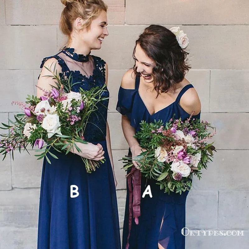 Mismatched Cold Shoulder Navy Blue Chiffon Bridesmaid Dresses with Ruffles, TYP1840